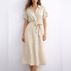 Zara Beige Checkered Midi Dress